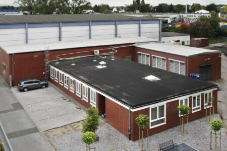 SIEBTECHNIK TEMA laboratory and pilot plant. View from the roof terrace of the conference floor of the Centrifuge Technology Center in Mülheim an der Ruhr