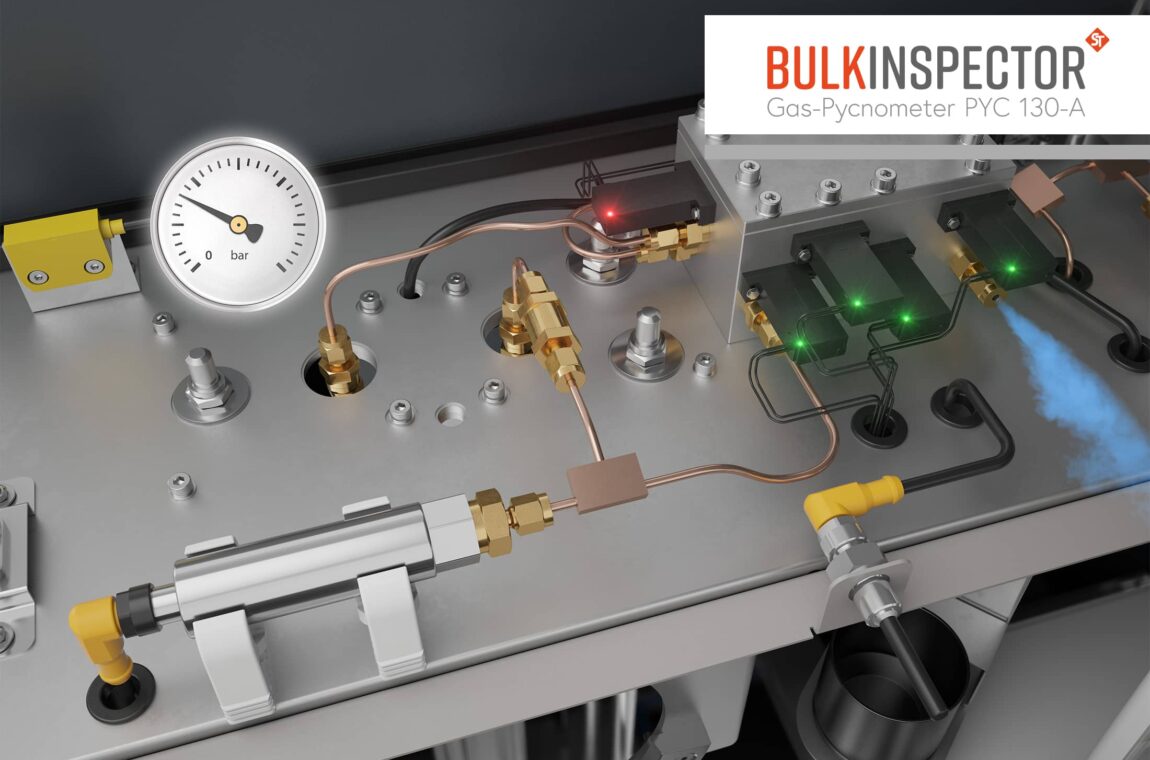 Animation of the function of the BULKINSPECTOR, here you can see the measuring unit of the density meter. The density is determined and a pressure gauge indicates the pressure. The measuring unit shown consists of the measuring cell, the expansion volume, the temperature sensors and the pressure sensors.