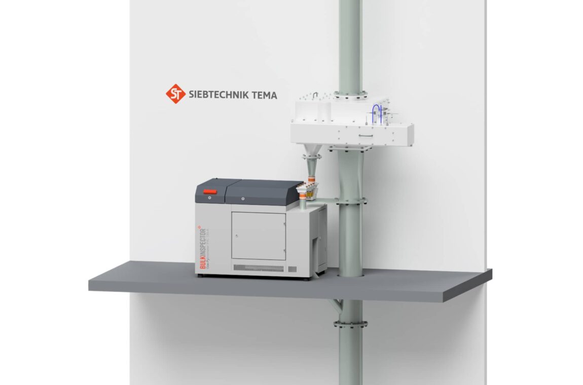 The BULKINSPECTOR gas pycnometer with upstream downpipe swivel sampler as an exemplary installation situation in an automated process for quality control of the porosity of bulk solids.