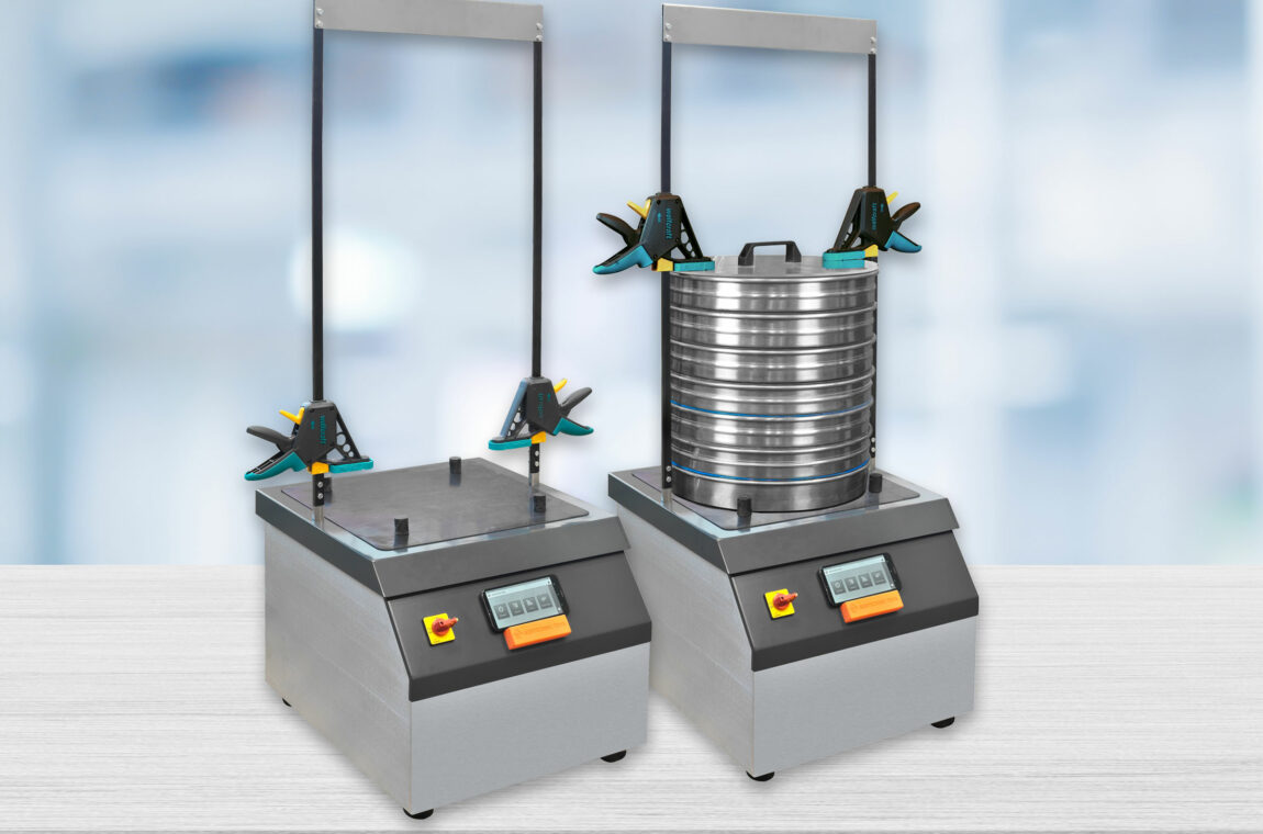 2 ASM test sieve shakers, one without sieve tower, as this can be easily removed using quick-release clamps