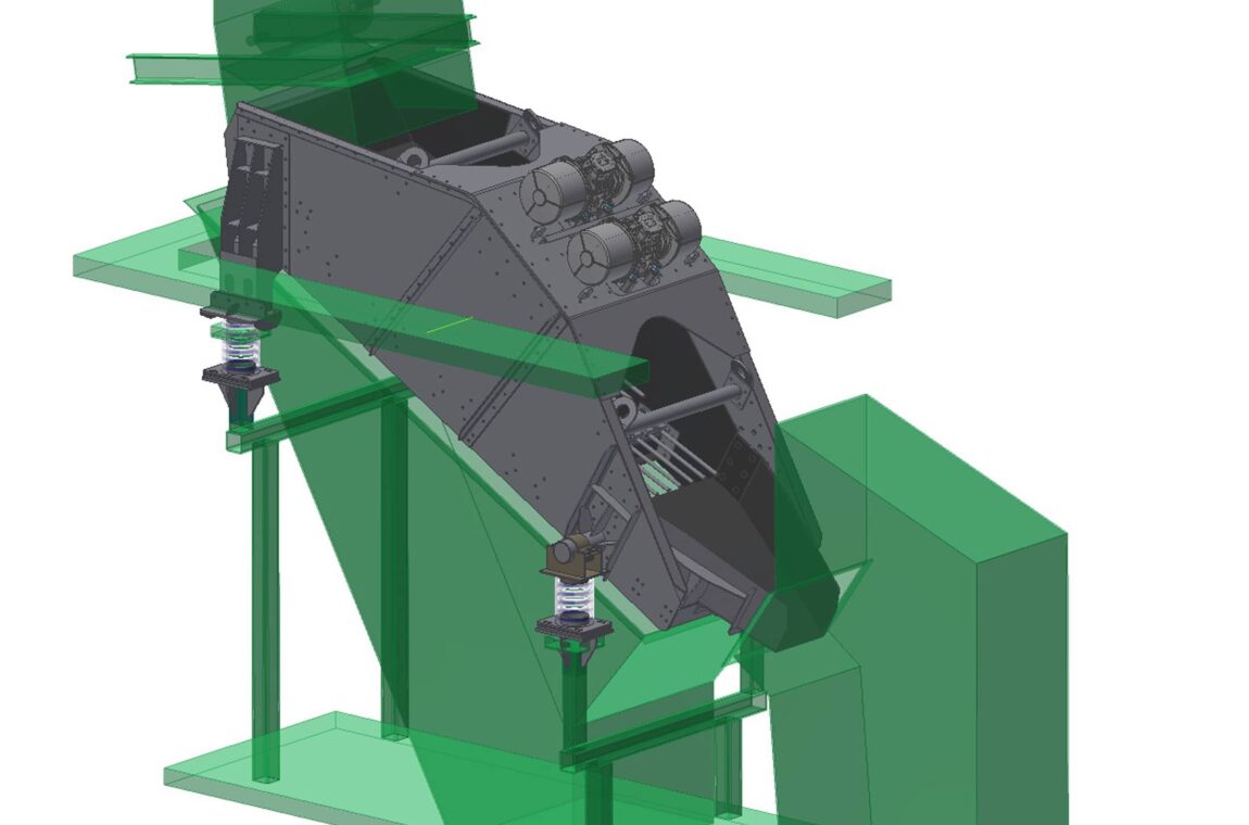 3D view of linear motion screening machine HR 14_40_I F. You can see an installation situation in a system.