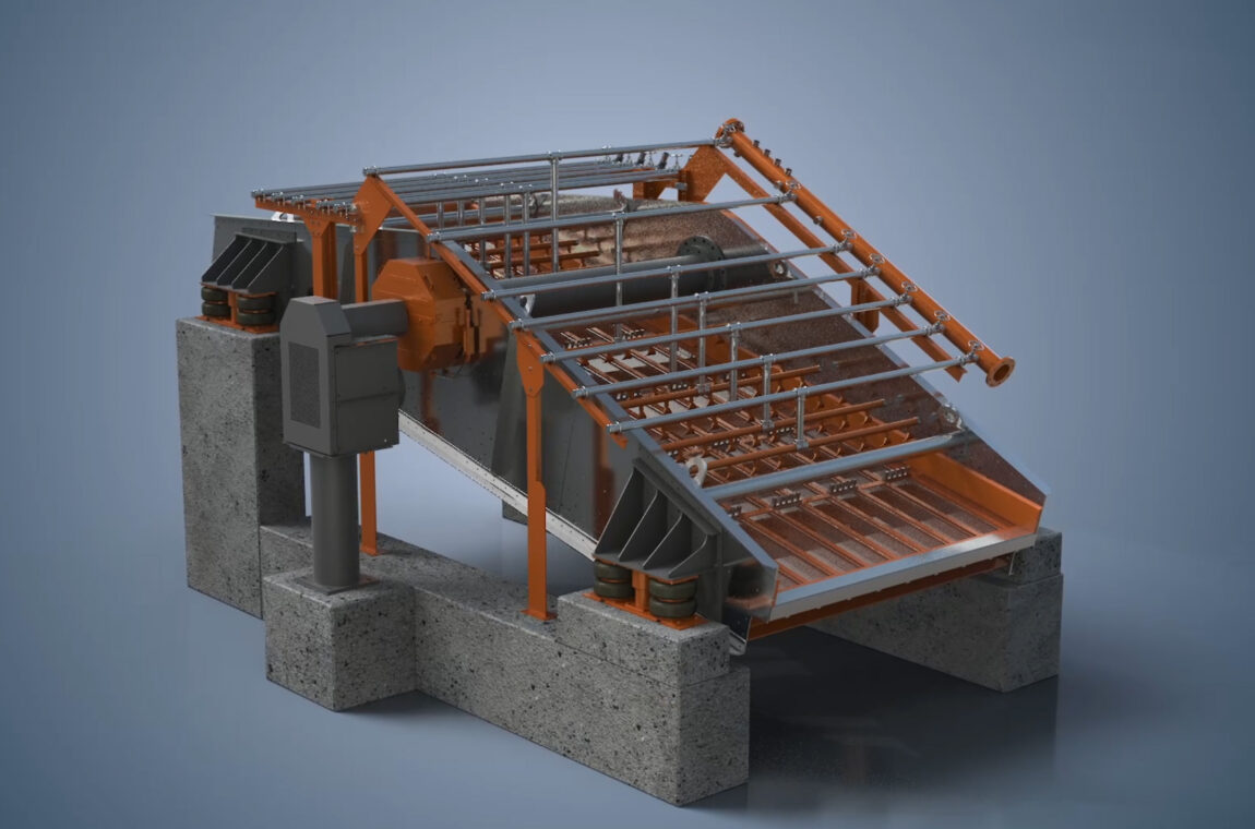 Circular motion screening machine. 3D animation. Machine with air suspension, washing nozzles and a screening deck.