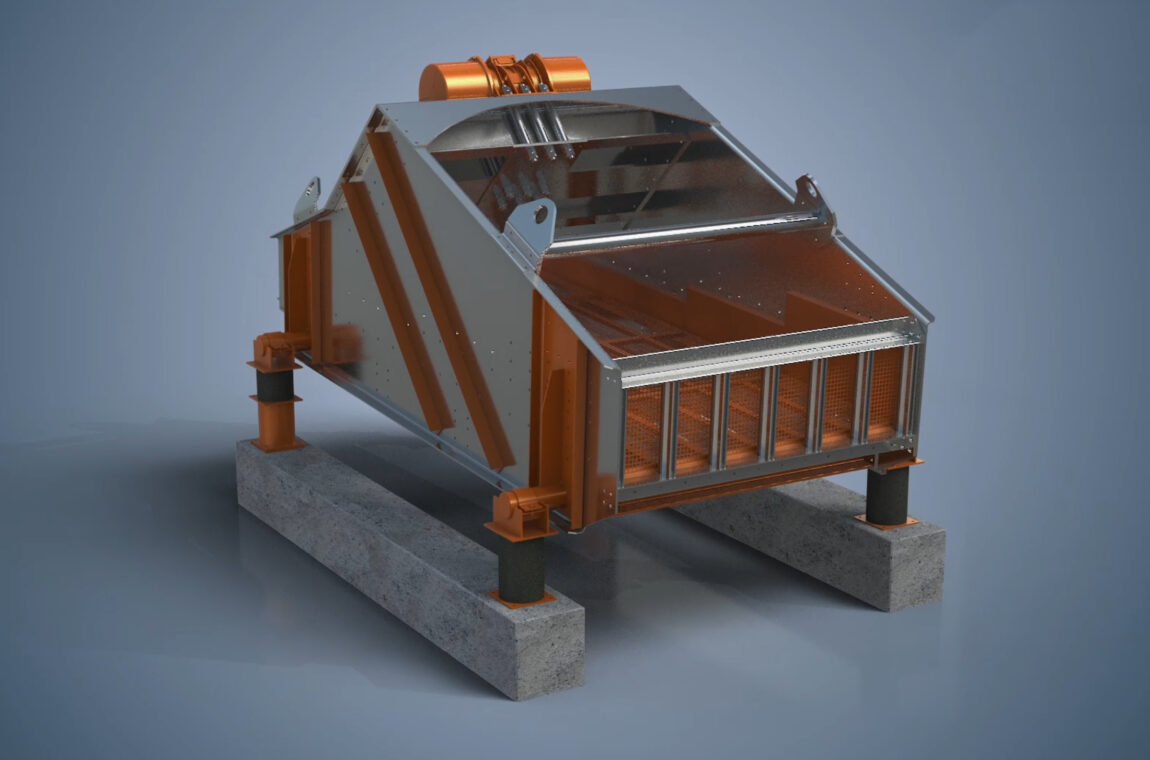 Linear vibrating screen for dewatering (3D animation) View from the front.