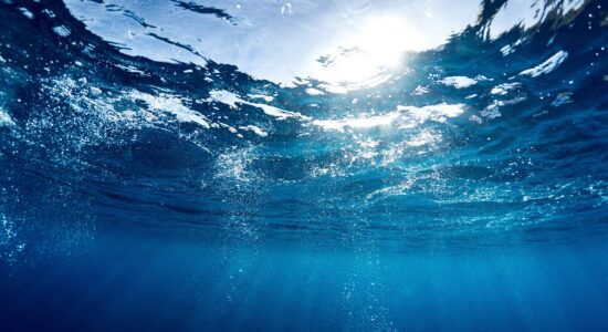 Sauberes Wasser – Unterwasseransicht, man blickt durch die Wasseroberfläche in den Himmel