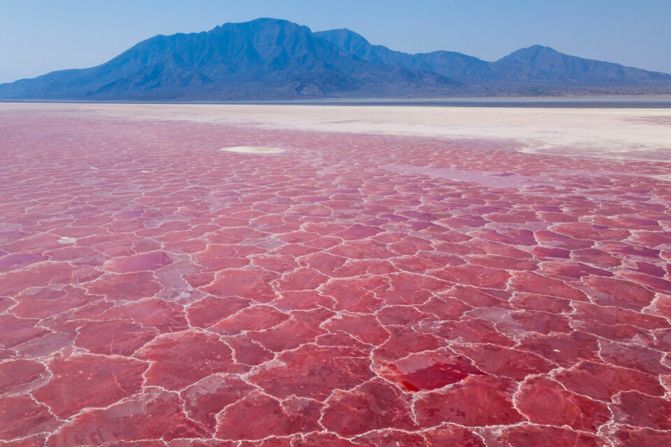 Lake Natron in the foreground, mountains in the background