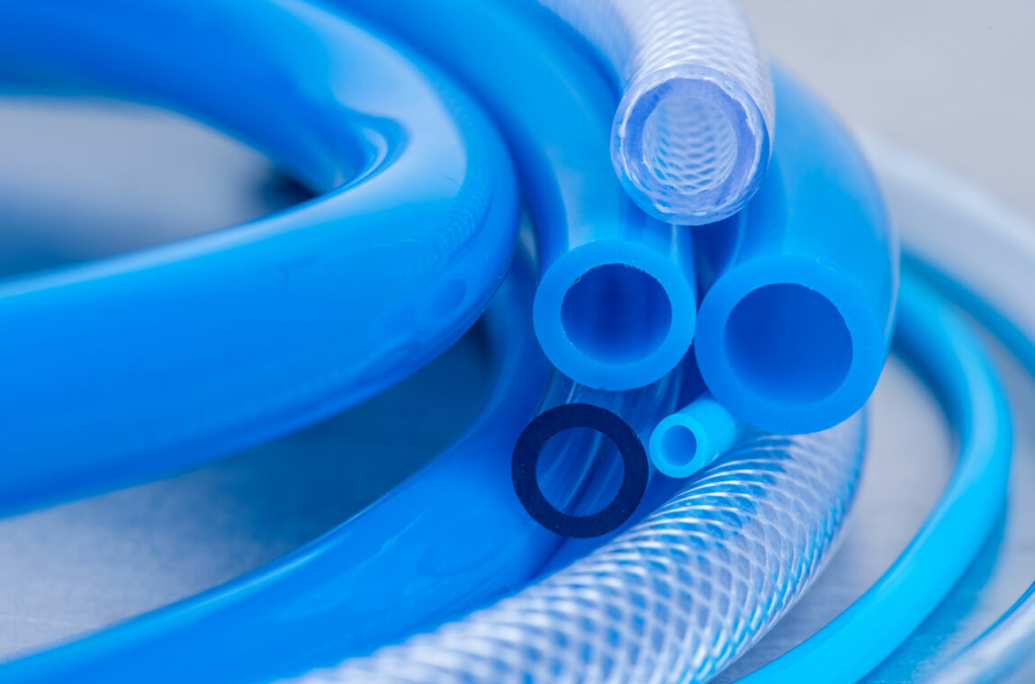 Blue and transparent PVC hoses with different diameters and in different versions
