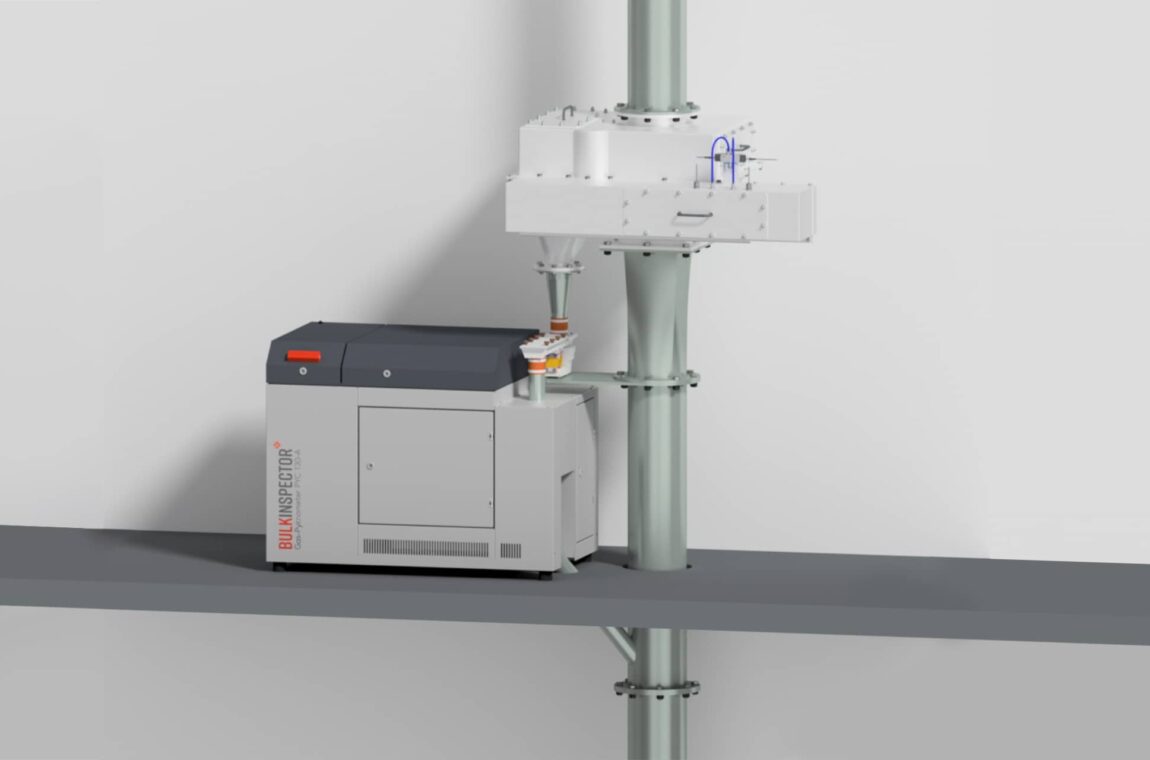The BULKINSPECTOR gas pycnometer with upstream downpipe swivel sampler as an exemplary installation situation in an automated process for quality control of the porosity of bulk solids.