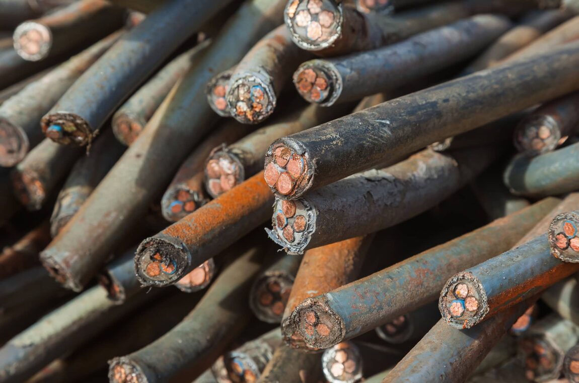 A pile of cable scrap (copper cable with insulation) for recycling
