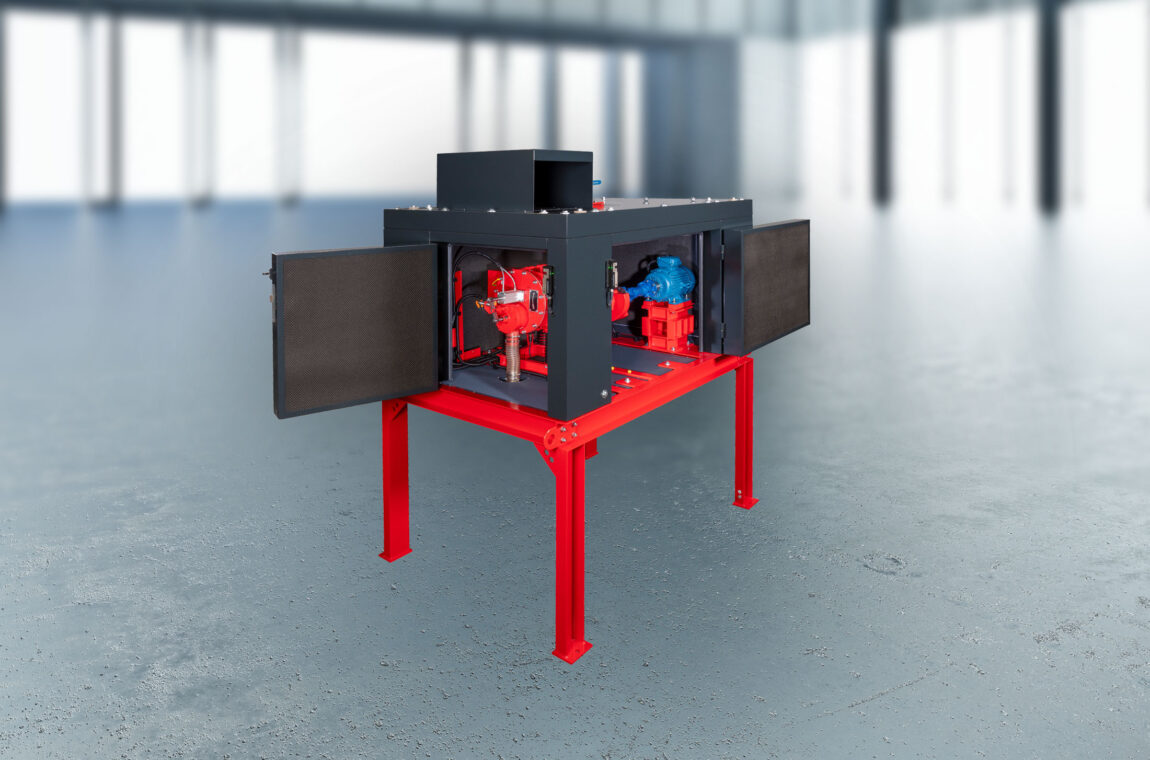 Eccentric vibrating mill ESM 234-1bs
Front view of the open machine
with sound insulation, door lock, motor, unbalance bearing, pneumatic discharge